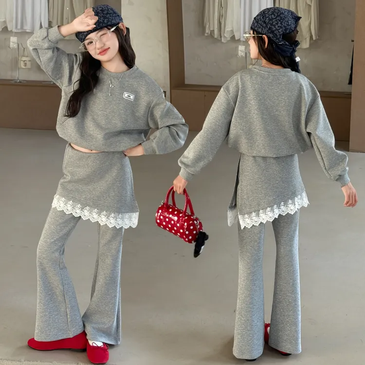 秋季极简风女少女风纯色套头套装中大童阔腿韩版休闲春秋休闲套装