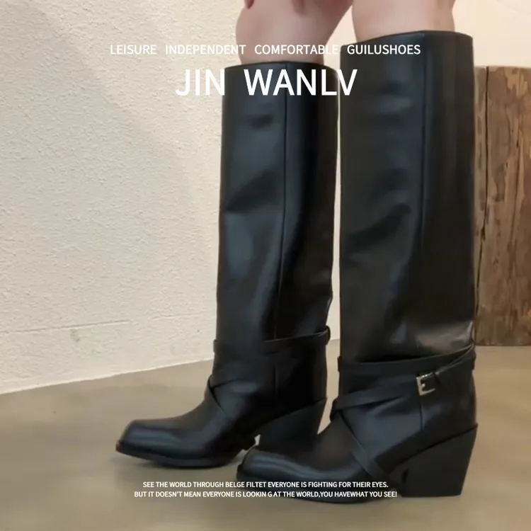 羊皮版~2025秋冬新款复古西部牛仔靴方头粗跟配裙子长筒靴女靴子