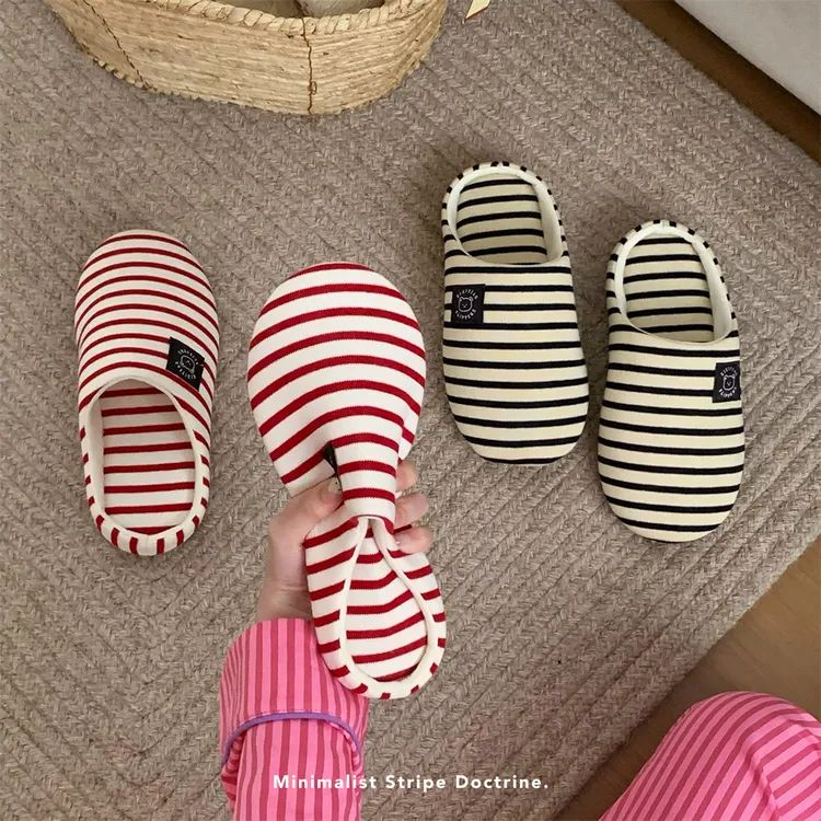 细细条 日系时尚撞色条纹居家亚麻拖鞋男女四季通用情侣包头拖ins
