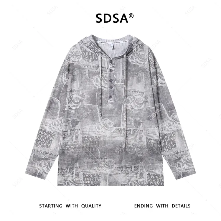 SDSA男士秋冬新款轻奢痞帅男装美式字母半纽扣连帽长袖T恤时尚潮