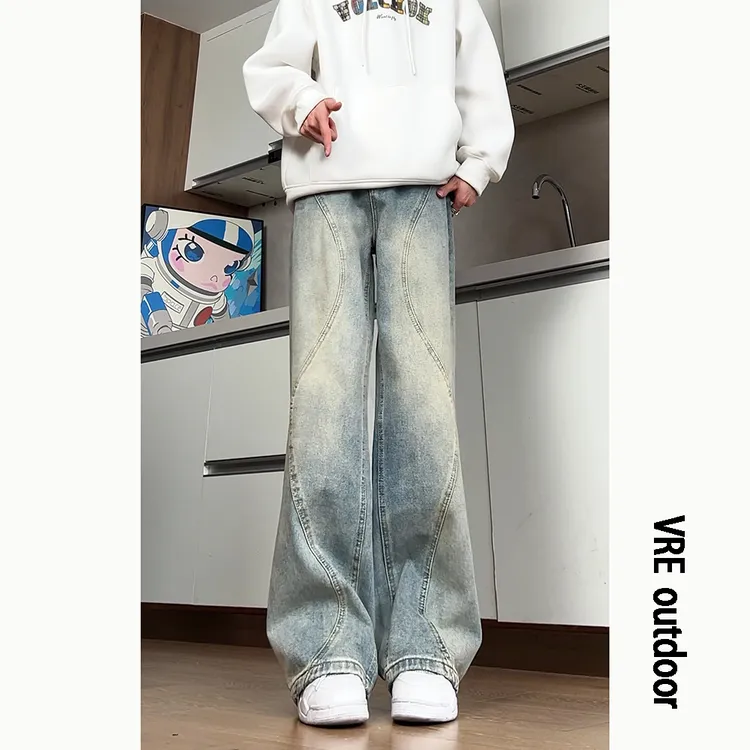 高街美式复古水洗做旧拼接牛仔裤男宽松直筒显瘦潮牌痞帅vibe裤子