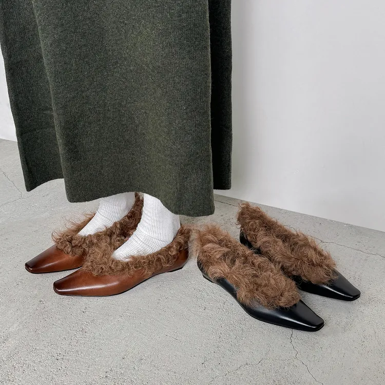【唐唐家】真皮方头加绒浅口单鞋气质毛毛时髦潮流一脚蹬优雅乐福鞋