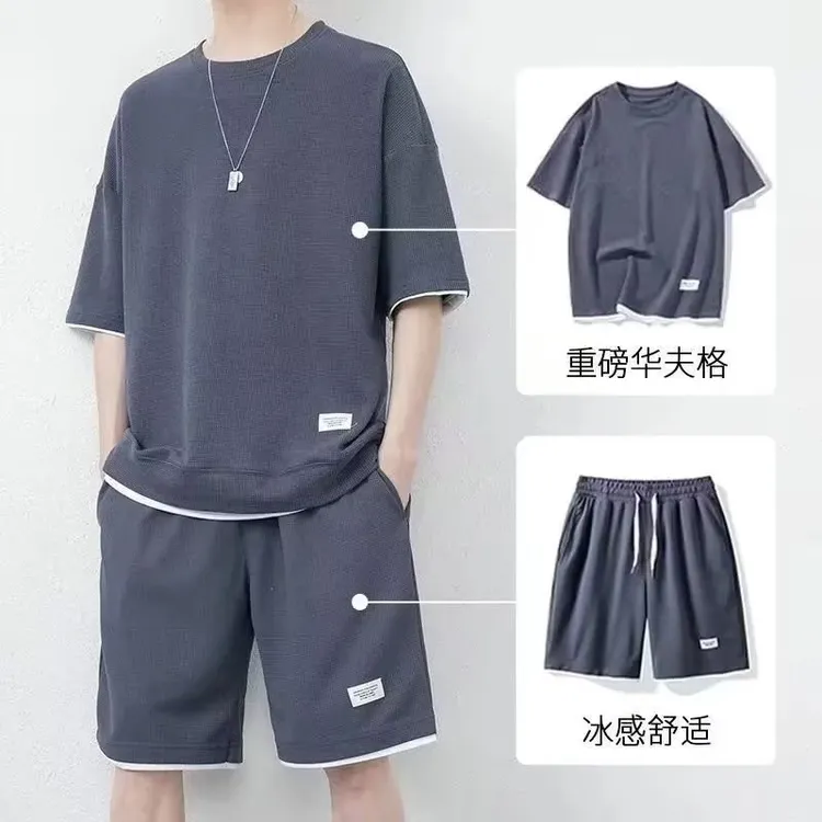 2025夏季新款爆款青年男士休闲运动套装五分裤潮华夫格套装男大码