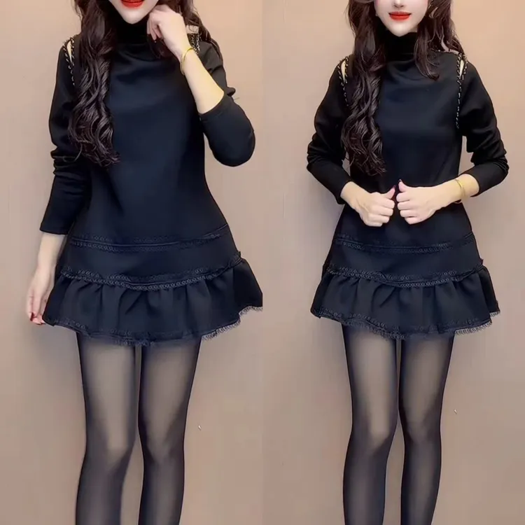 半高领长袖显瘦加绒露肩黑色网红秋冬短裙韩版