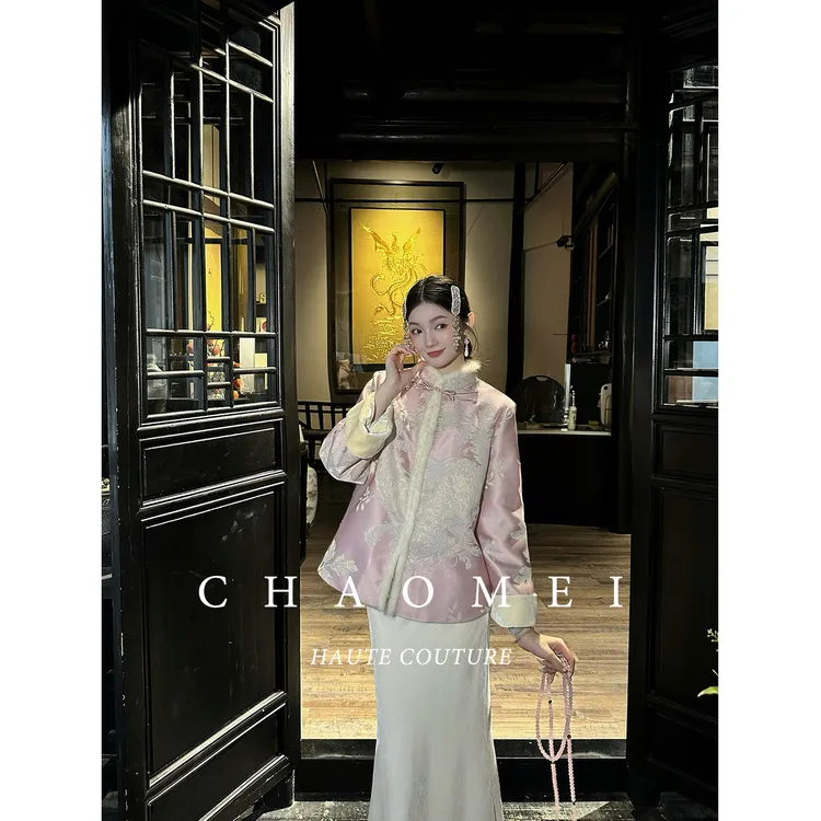 冯（CHAOMEI【掌上明珠】国风新中式女装水貂毛毛条粉色羽绒服+半裙