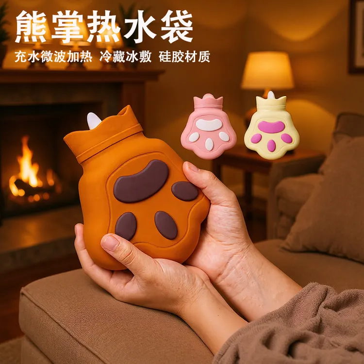 熊掌热水袋铂金硅胶充水微波加热猫爪暖水袋冷藏冰敷两用暖手宝
