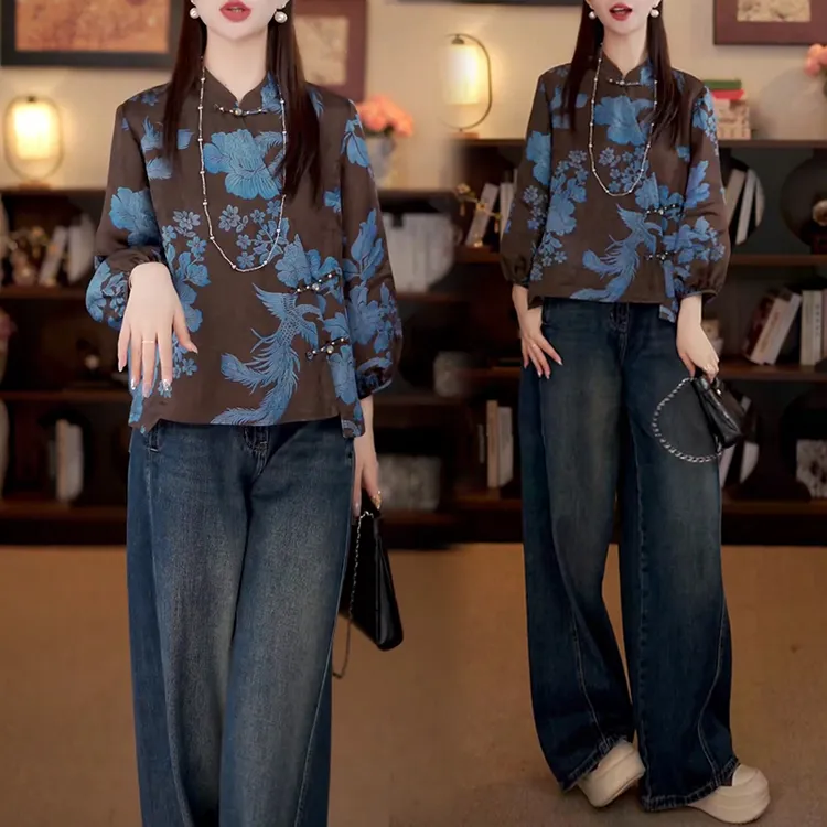 2025年早秋新款韩版时尚套装女宽松显瘦衬衫配显瘦牛仔裤两件套潮