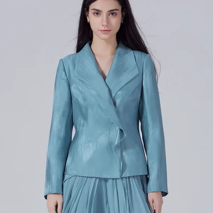 VOA37姆米重磅星空蓝翻领不对称活页装饰长袖修身桑蚕丝外套WE322