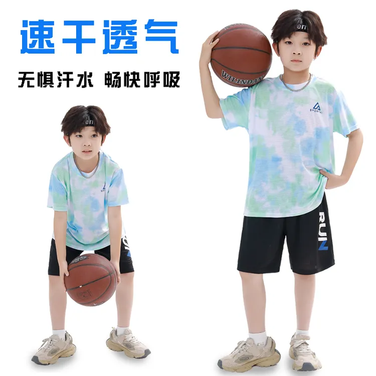 夏季男童速干运动套装秋衣篮球服薄款透气男孩上衣T恤短裤两件套