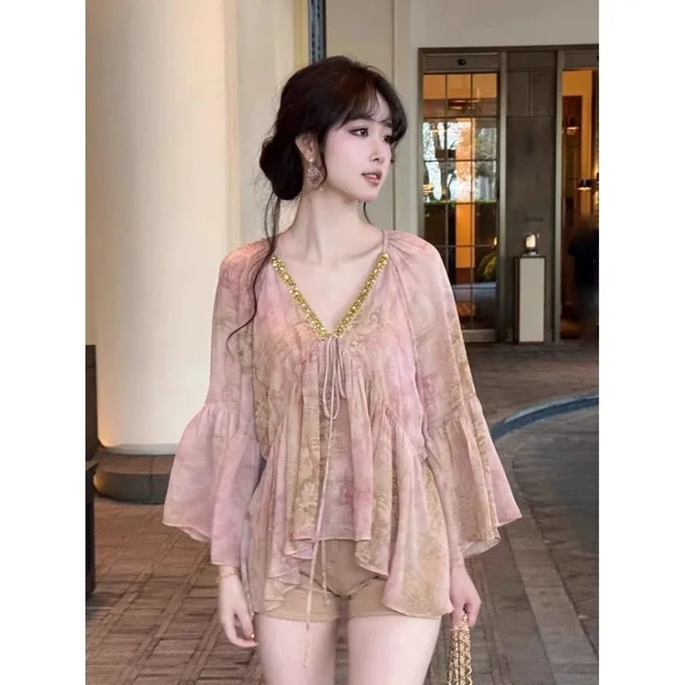 法式重工亮片碎花雪纺衬衫女夏季薄款设计感小众温柔风喇叭袖上衣