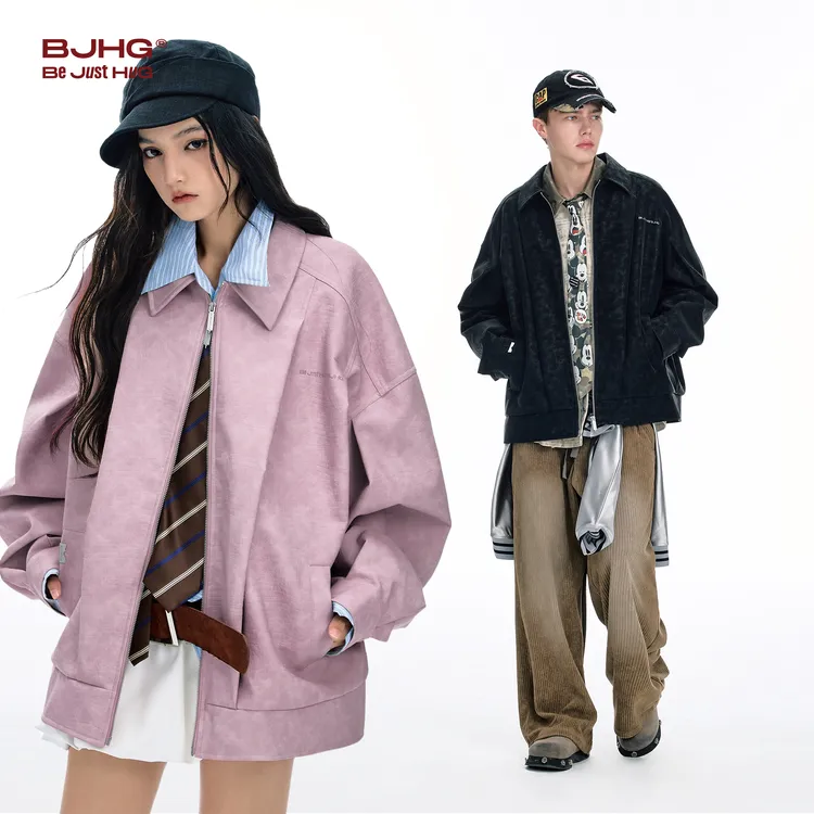 BJHG不计后果鳄鱼纹PU皮休闲夹克外套男款秋美式复古设计感皮衣女
