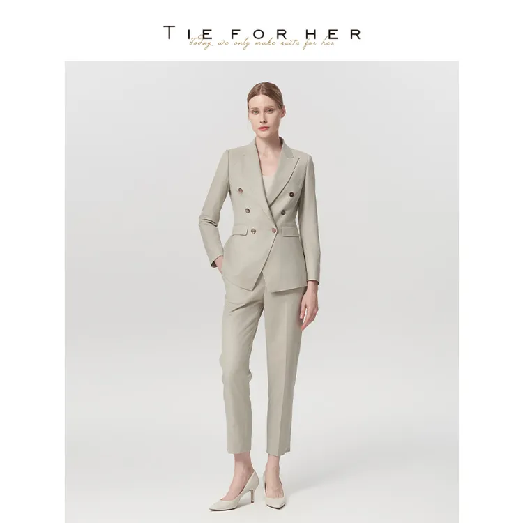 TieForHer 燕麦色双排扣修身职场精致通勤女士高端西服九分裤套装