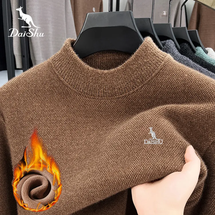 Dai Shu/袋鼠冬季加绒加厚刺绣毛衣男士半高领时尚潮流保暖毛线衣