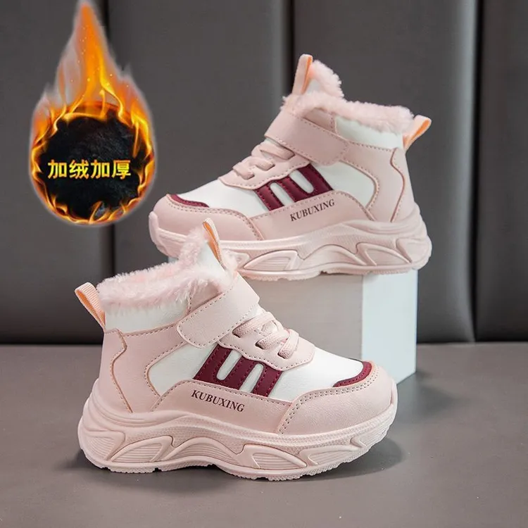 女童加绒加厚运动鞋冬季保暖防水男童高帮软底跑步老爹鞋休闲鞋