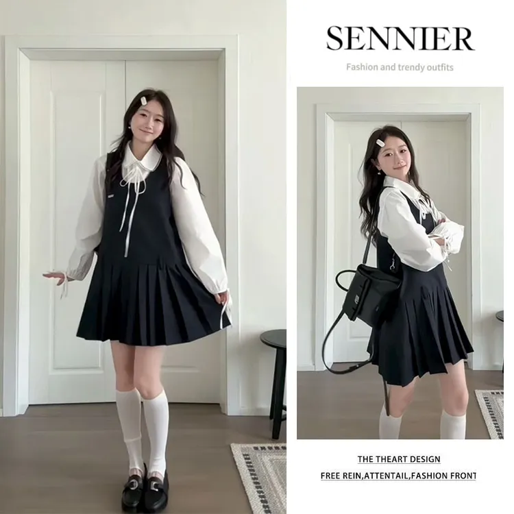 早秋穿搭2025新款学院风纯色长袖衬衫显瘦无袖百褶背心裙两件套女