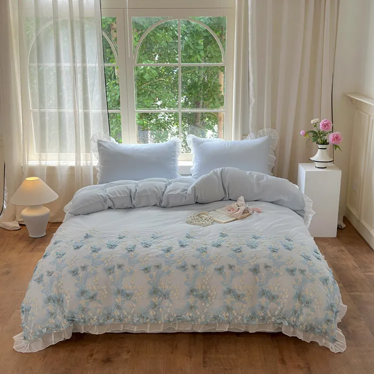 夏季高端天丝三四件套少女蝴蝶刺绣凉感裸睡丝滑粉白色小清新花边