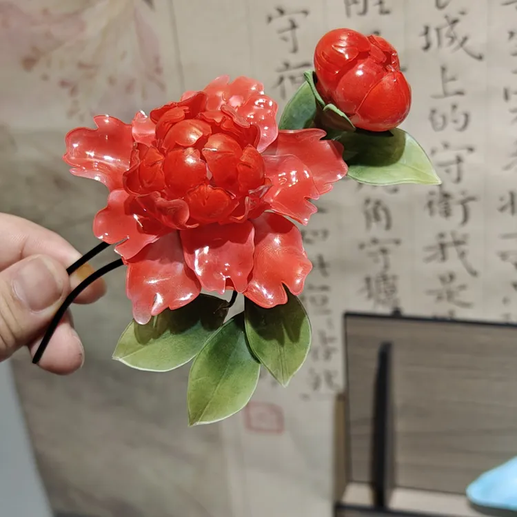 红色石榴花发钗发夹