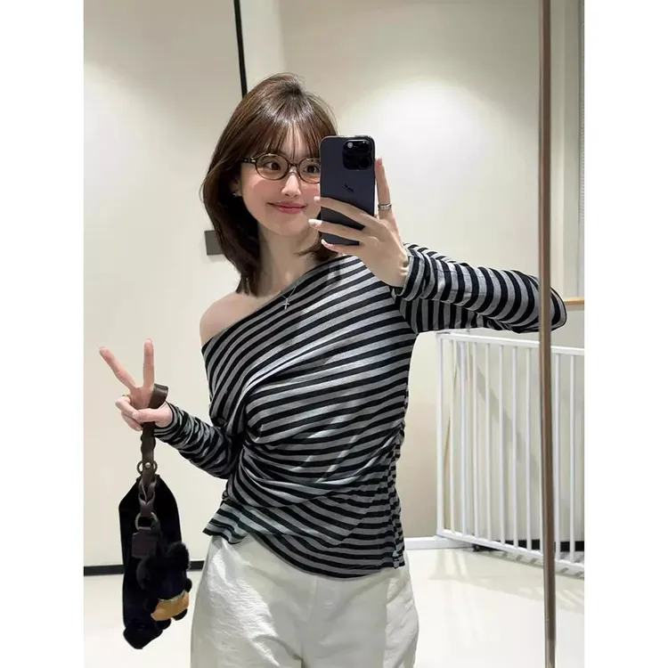 韩系高级感斜肩条纹长袖t恤女秋季短款小个子甜辣妹独特收腰上衣