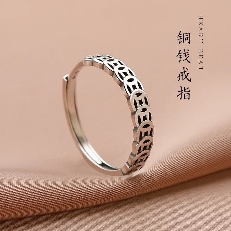 925银戒指 招财铜钱戒指女2025新款小众钱多多转运食指尾戒男情侣