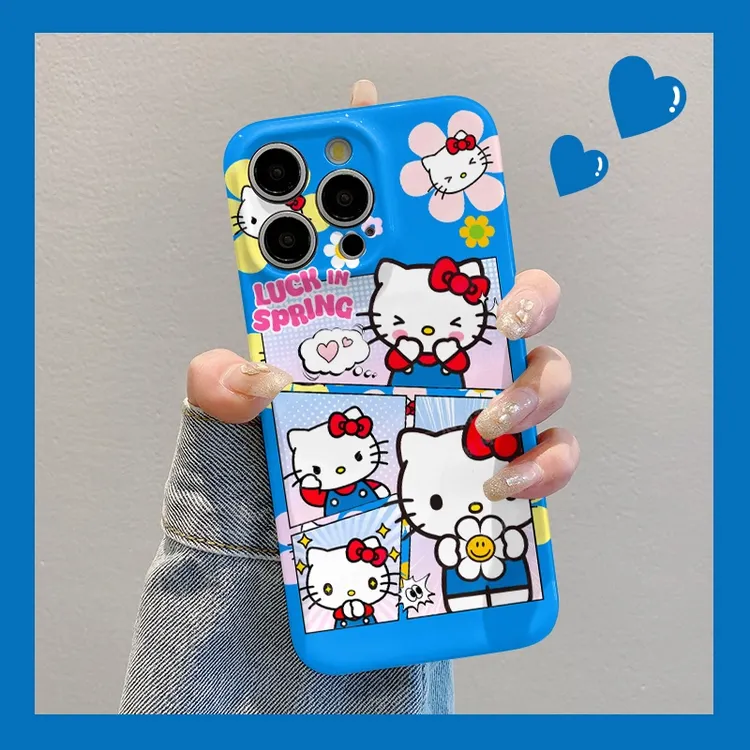 ins风蓝色Kitty适用苹果16手机壳华为卡通vivo小米全包oppo菲林壳