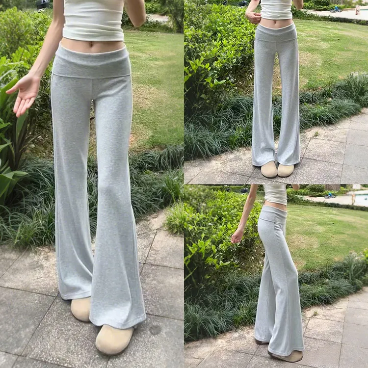 翻腰灰色针织喇叭裤女款秋冬季修身弹力显瘦微喇阔腿裤休闲瑜伽裤