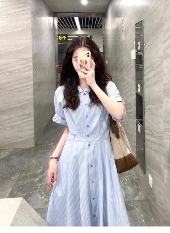 【现货+运补】蓝色短袖条纹衬衫连衣裙爆款小个子收腰长裙4022
