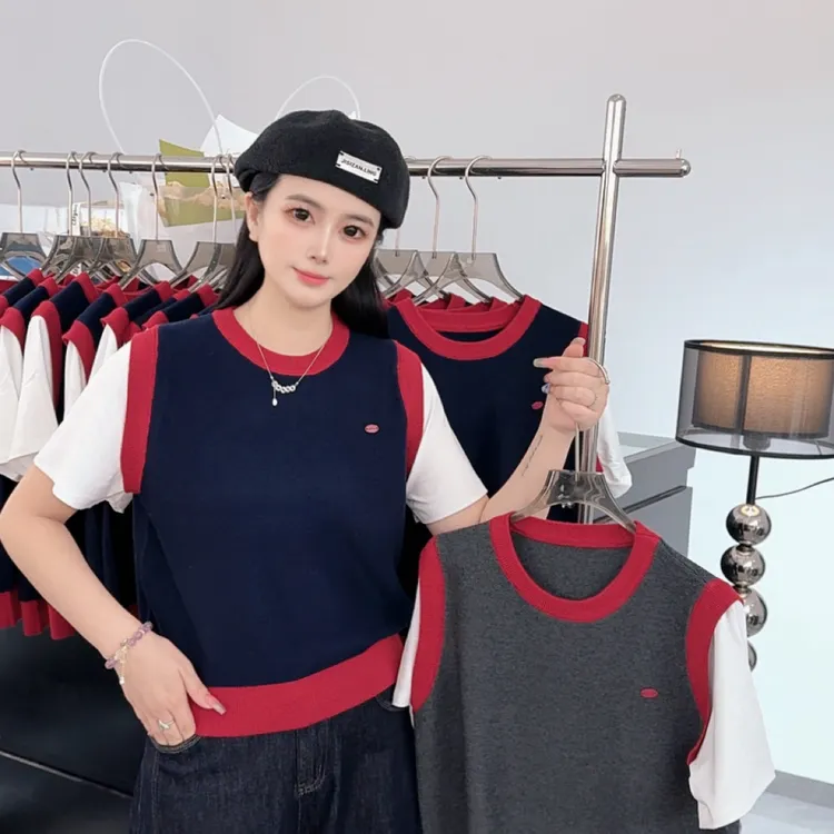 Lucky 女神【早秋假两件T恤】早秋韩版透气套装圆领千金风针织短款