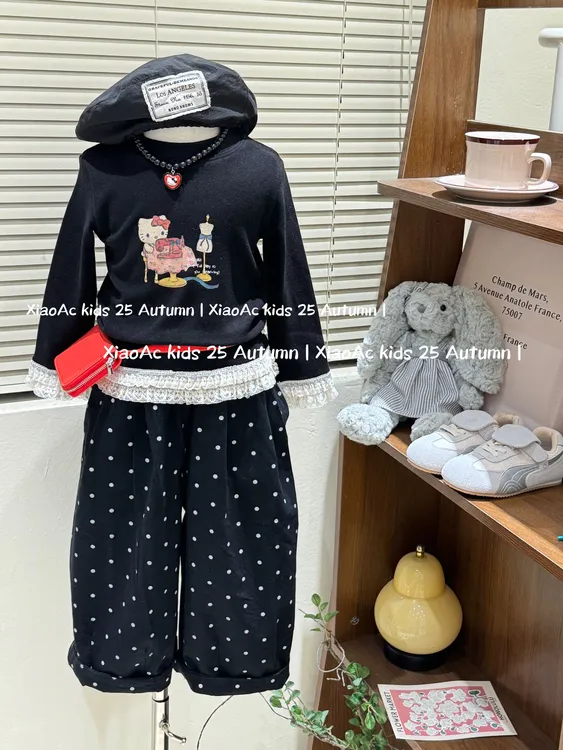 韩系穿搭2025秋可爱KT猫印花拼接花边磨毛T恤女宝简约百搭波点裤