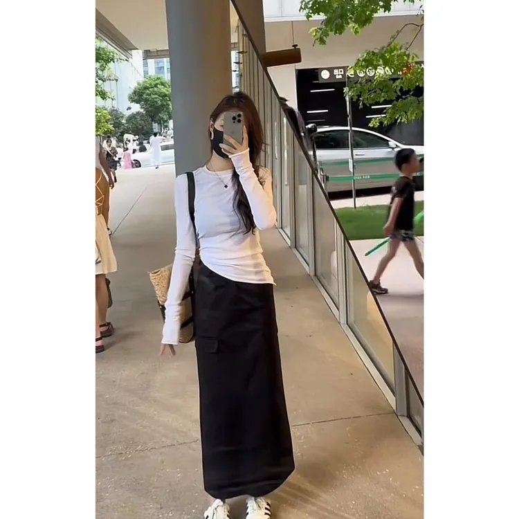 早秋休闲打底衫加工资半裙套装颜色白色 黑色 深灰色 红色 灰绿色
