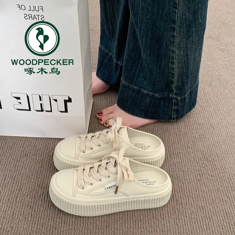 啄木鸟饼干半拖帆布鞋女2025新款夏款厚底懒人包头舒适休闲小白鞋
