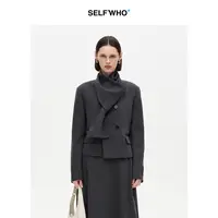 SELFWHO羊毛混纺经典围巾领西装女2025冬新款人字纹双排扣短外套