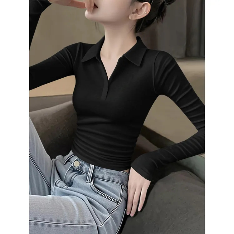 白色polo领长袖T恤女正肩春秋2025新款内搭修身显瘦纯色打底上衣