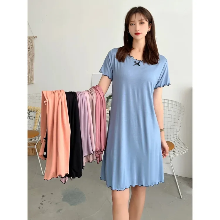莫代尔带胸垫睡裙女夏季睡衣大码宽松连衣裙外穿木耳边短袖家居裙