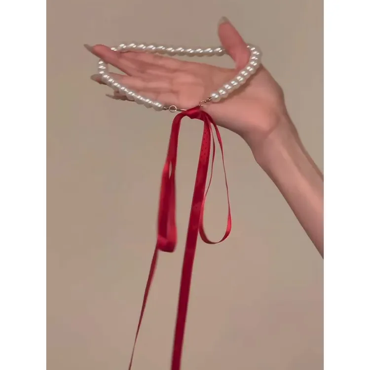 铜合金布艺项链 芭蕾风飘带珍珠项链女气质千金锁骨链