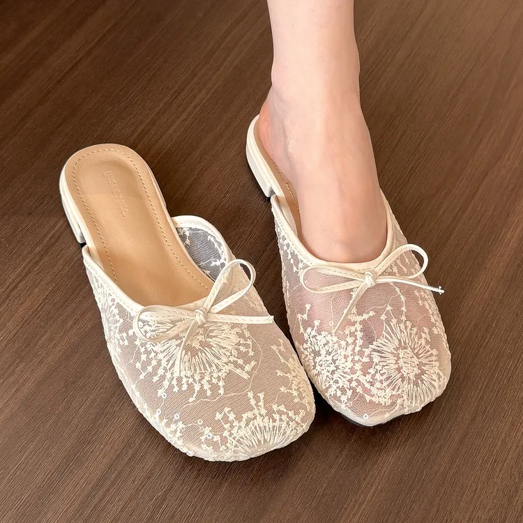elingstudio 好仙啊！可爱网纱蝴蝶结半拖鞋女包头浅口低跟穆勒鞋