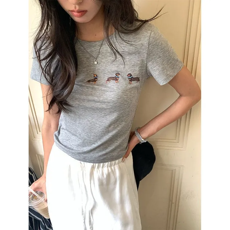 韩系新款夏腊肠小狗短袖T恤设计感印花棉质修身短款女H1DA520284
