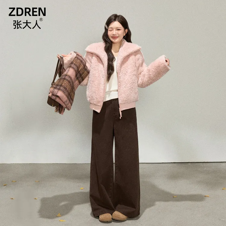 张大人【毛绒法则】大码女装微胖妹妹冬日复古撞色粉毛绒外套阔腿裤