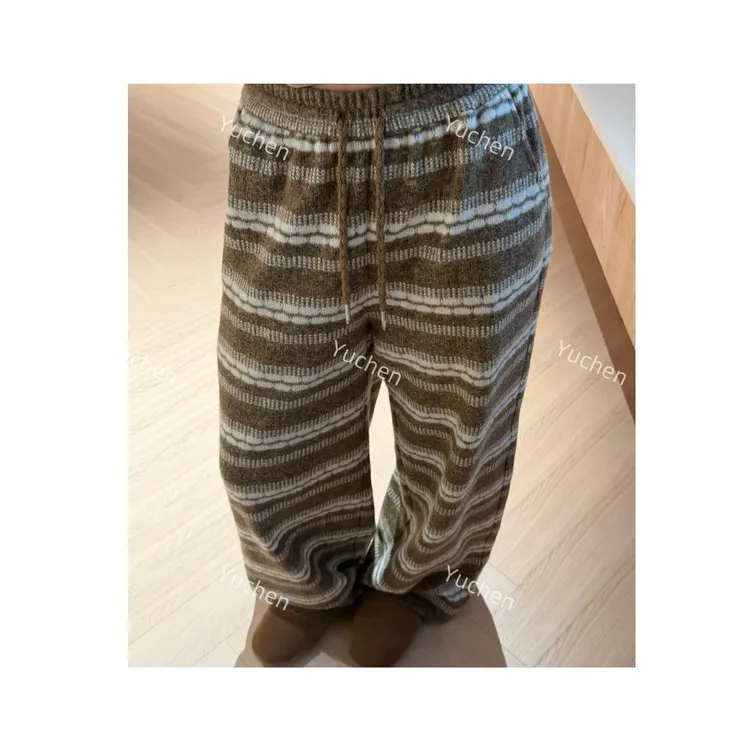 【Yuchen】（小鹿神裤）万能百搭条纹细针织抽绳绒绒裤~