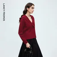 朗姿翻领连帽针织衫设计感v领宽松气质高级感毛衣2025年冬季新款