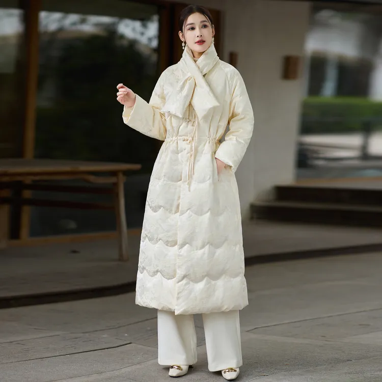 H543中式米盘扣色羽绒服国风2025新款过膝冬轻薄改良长款显瘦保暖