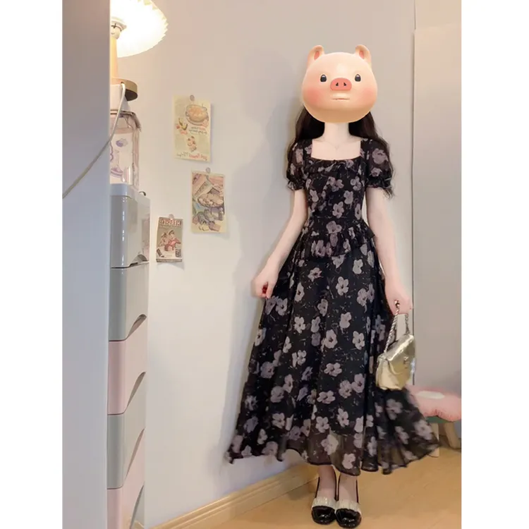 大码胖mm韩系荷叶边设计感短袖高腰遮肉显瘦中长款法式洋气连衣裙