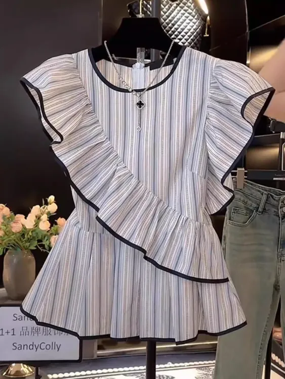 法式条纹不规则短袖衬衫女夏季大码收腰遮肚荷叶边欧货小飞袖上衣