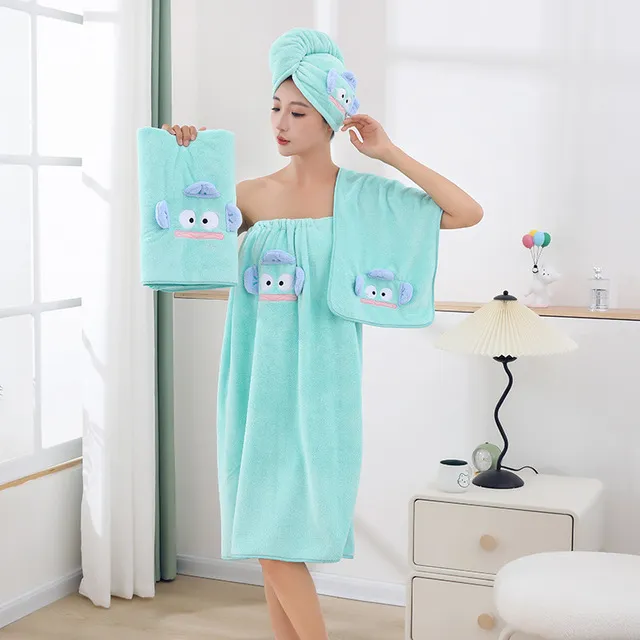 卡通丑鱼可穿可裹珊瑚绒浴巾三件套学生毛巾干发帽吸水不掉毛浴裙