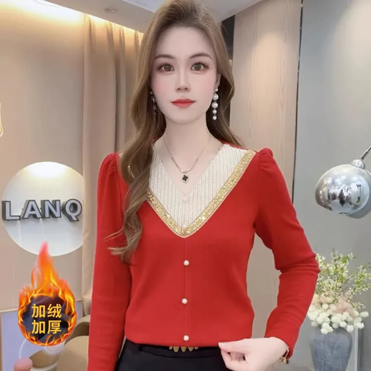 法式v领长袖T恤女2026冬季新款加绒加厚打底衫洋气撞色假两件上衣