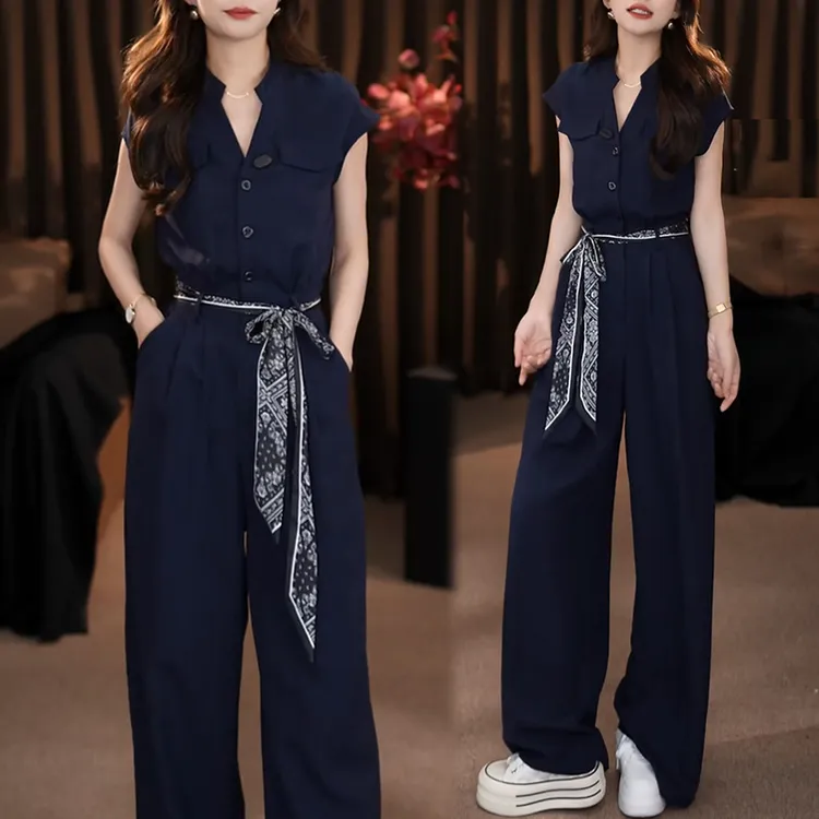 高级感气质收腰连体裤女2025夏季新款时尚显瘦短袖阔腿裤两件套装