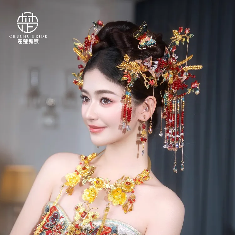 新款新中式秀禾新娘复古红色仙气减龄汉服晨袍花朵发簪发饰品