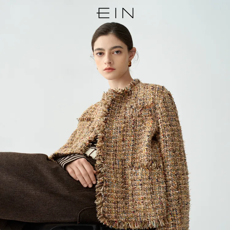 EIN/言千金小香风粗花呢流苏毛边箱型文艺短外套2025冬季新款