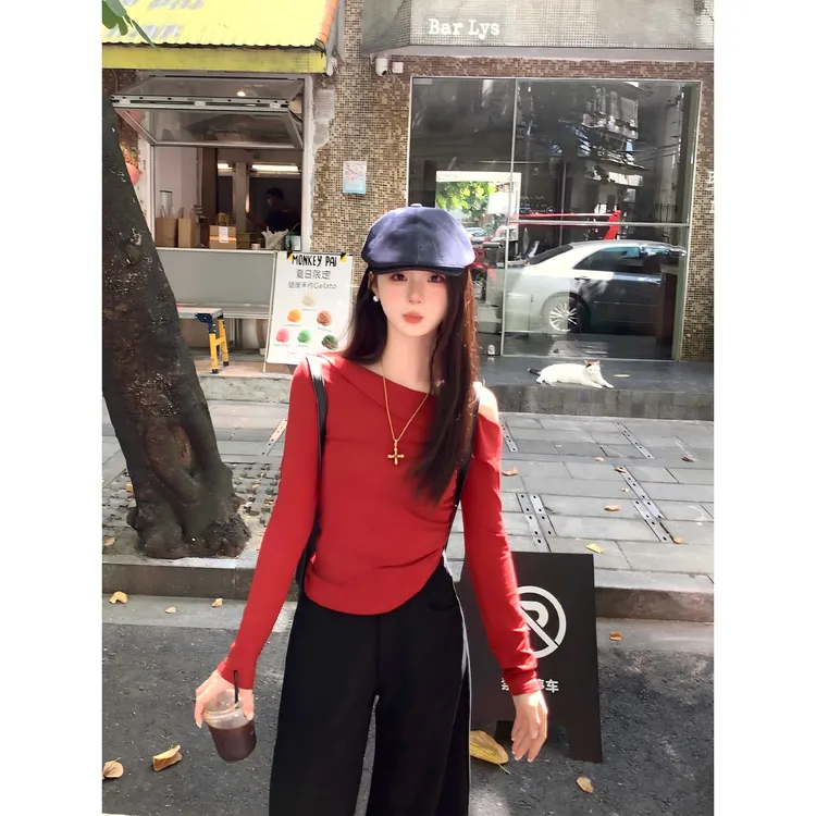  切糕自制【午夜梦回】小个子秋季女流光风纯欲慵懒松弛斜肩针织衫
