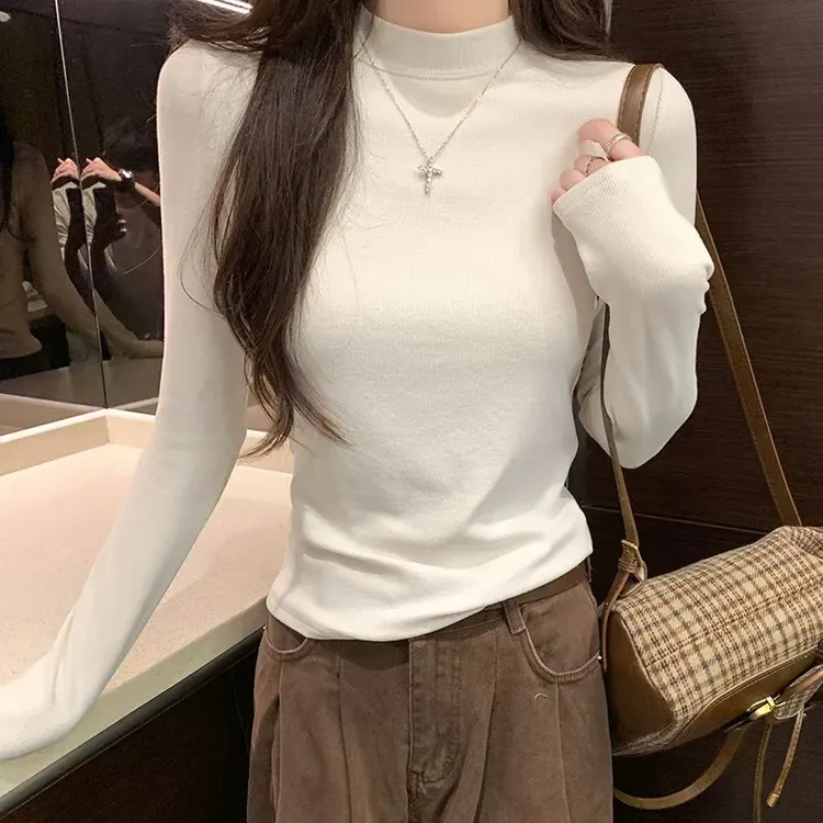 【双面慕斯绒～磨毛打底】韩版纯色半高领打底衫WUT312