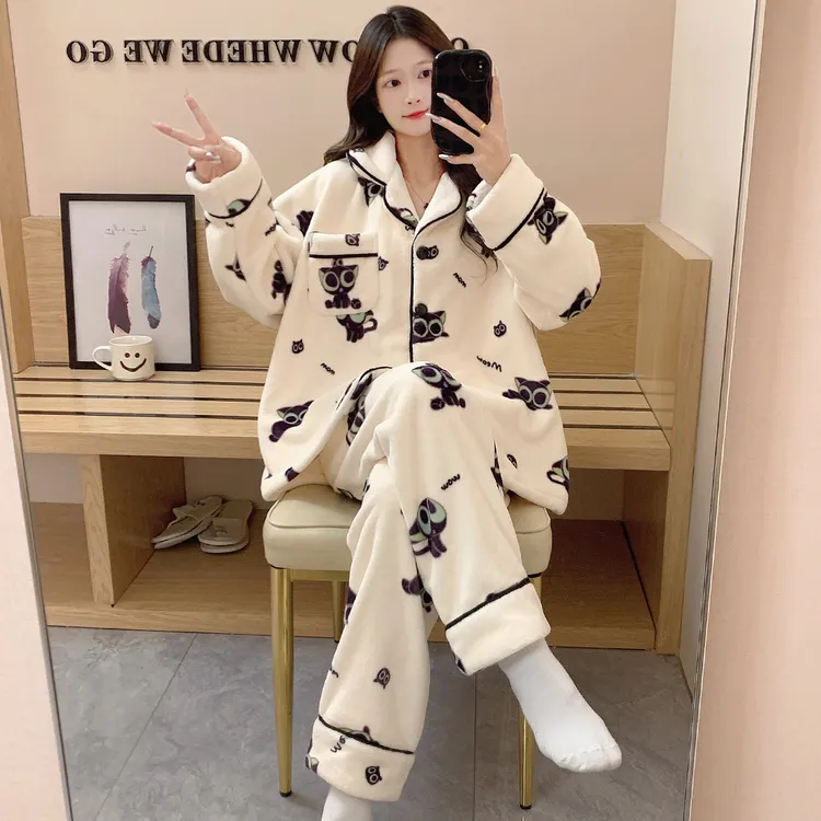 秋冬季睡衣女法兰绒长袖长裤冬季加厚加绒保暖开衫爆款家居服套装